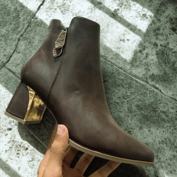 Brown Leather Zip Ankle Boots With Block Heel