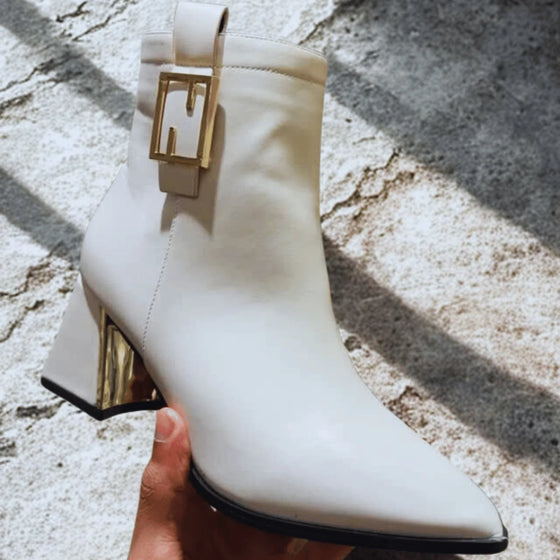 White leather ankle boots for women with block heel and buckle detail